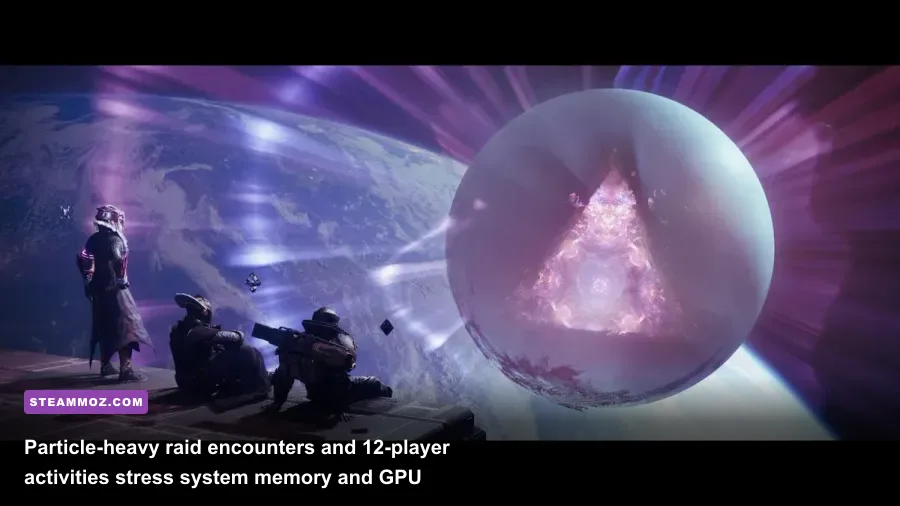 Six-player fireteam executing supers during an intense Destiny 2 raid DPS phase
