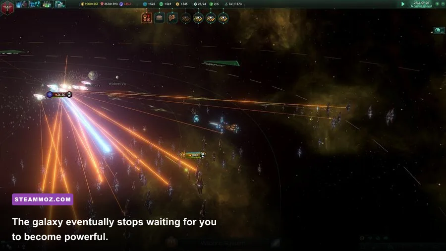 Stellaris late-game crisis fleet fighting an enormous enemy armada