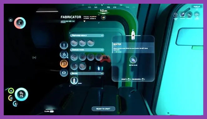 UI displaying hunger, thirst, and health levels with XP bonus indicator in Subnautica 2