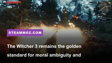 Geralt of Rivia casting Igni against swamp monsters during a dramatic Velen sunset