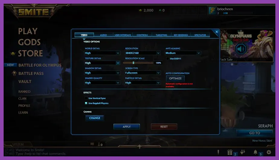 SMITE video settings menu showing graphics and performance options