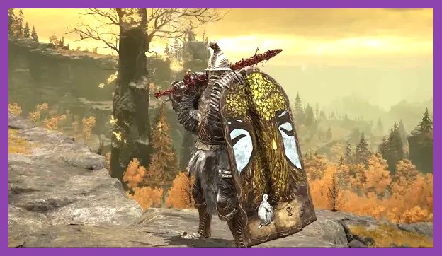 A heavily armored tank character holding a Greatshield blocking a boss attack