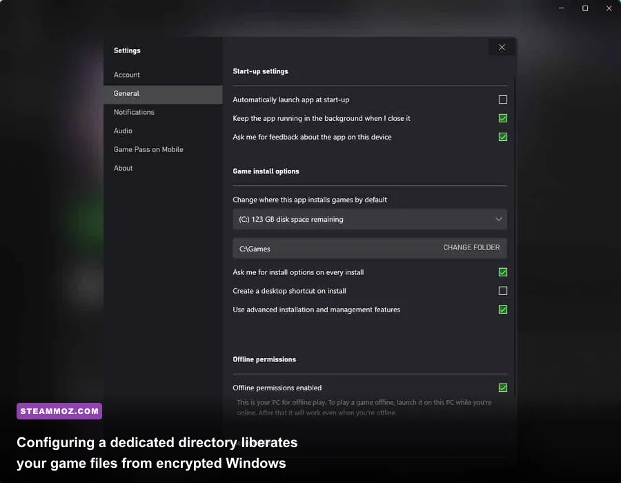 Xbox App settings menu showing custom installation drive and mod folder options