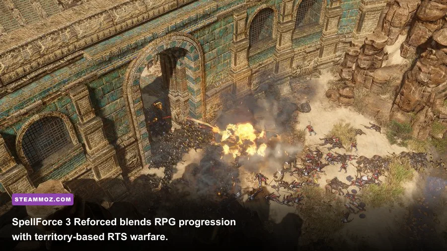 SpellForce 3 Reforced army fighting across a detailed fantasy campaign map