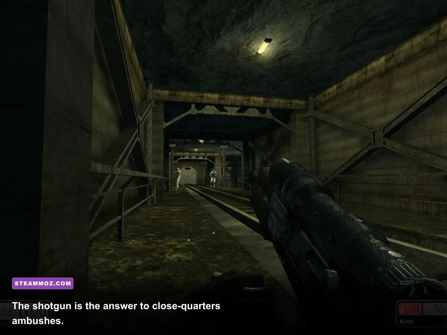 Chaser shotgun gameplay in a narrow industrial corridor