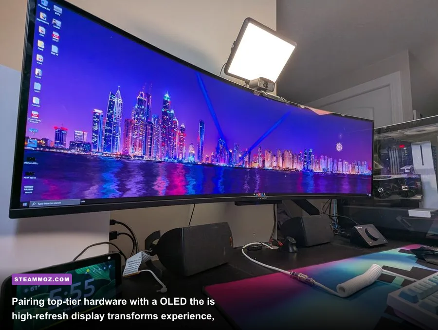 Ultra-wide OLED gaming setup with minimalist desk layout and moody backlighting