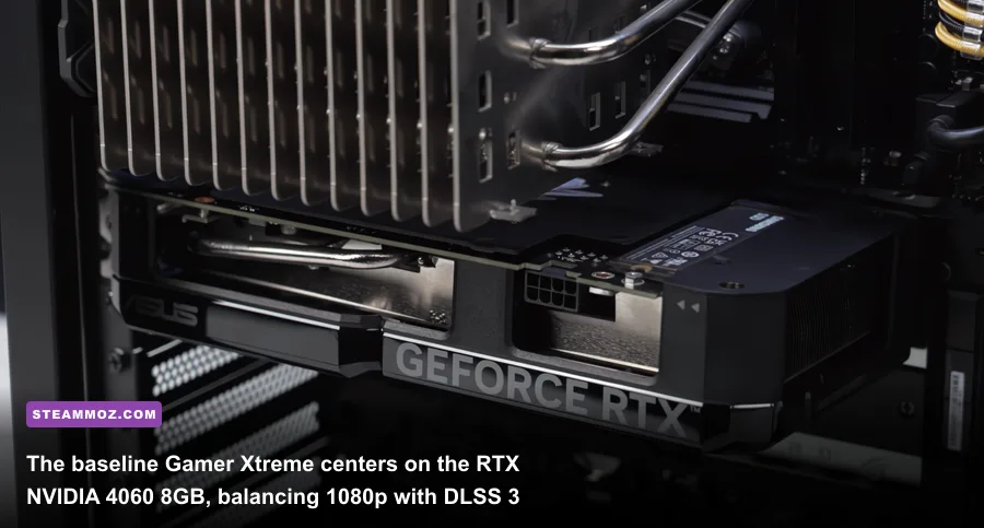 NVIDIA GeForce RTX 4060 graphics card mounted on a motherboard inside a gaming rig