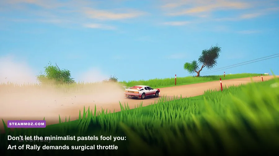 Stylized Group B rally car sliding through a dusty hairpin turn in Art of Rally