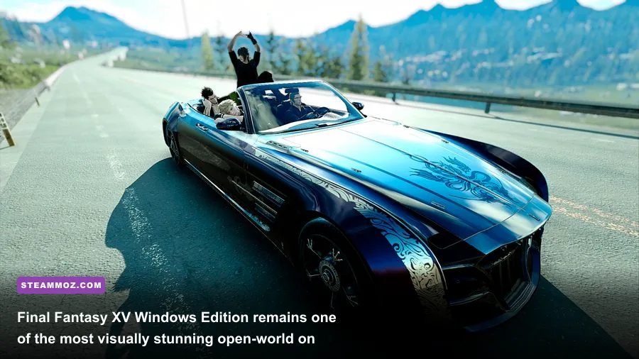The Regalia cruising down an open highway across the rolling plains of Lucis in Final Fantasy XV Windows Edition