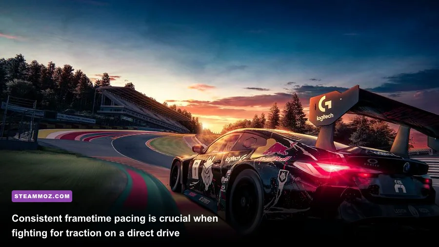 Sim racing wheel in front of monitor displaying real-time telemetry and framerate graph