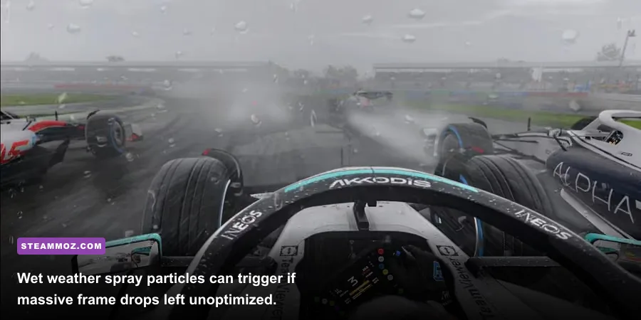 F1 22 heavy rain weather benchmark test showing tyre spray