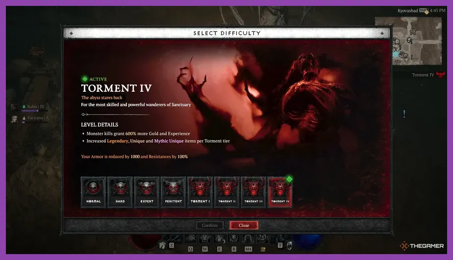 Torment difficulty tiers selection screen in Diablo 4 Vessel of Hatred