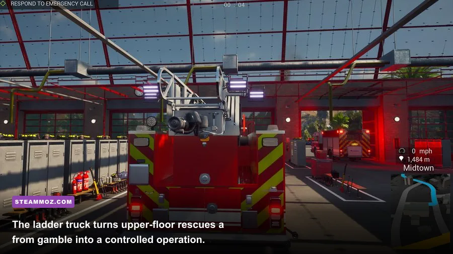 Firefighting Simulator The Squad aerial ladder truck reaching a burning building