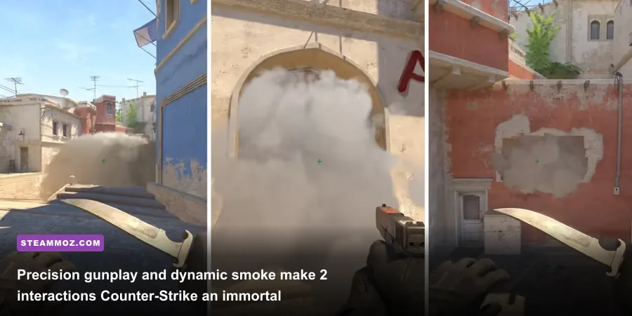 Tactical execute on Mirage in Counter-Strike 2 showing dynamic volumetric smokes