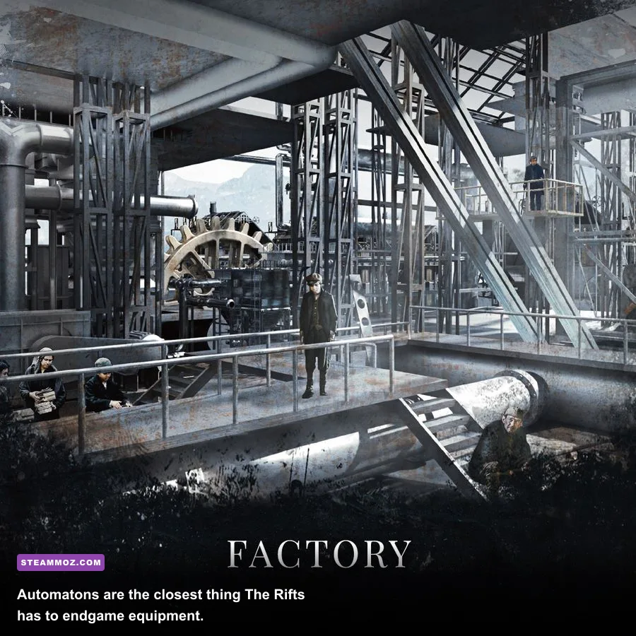 Frostpunk Automaton operating an industrial building during a snowstorm