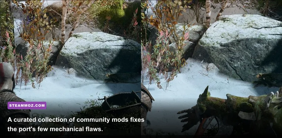 God of War PC modded gameplay showcasing improved graphics and interface