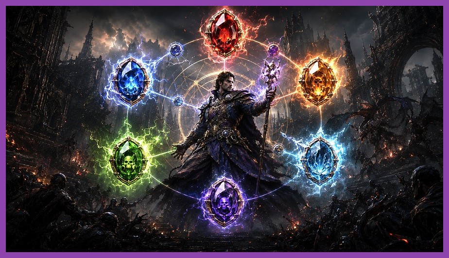 Diagram showing skill gem links and support gems in Path of Exile 2