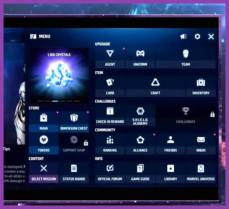Marvel Future Fight Timeline Battle PvP interface showing weekly Vibranium league Crystal payouts
