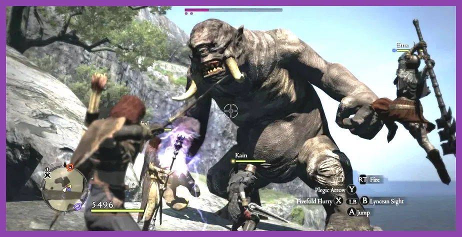 Arisen climbing a Cyclops during a boss fight