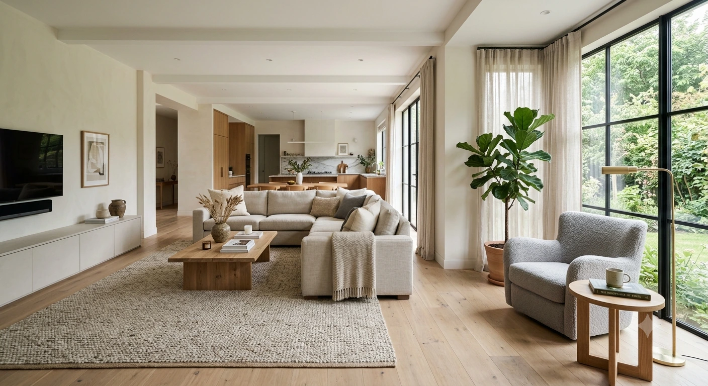 living room with sofa floated away from the wall for better flow