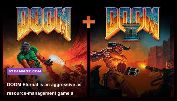 DOOM Eternal Slayer battling demons in a fiery combat arena