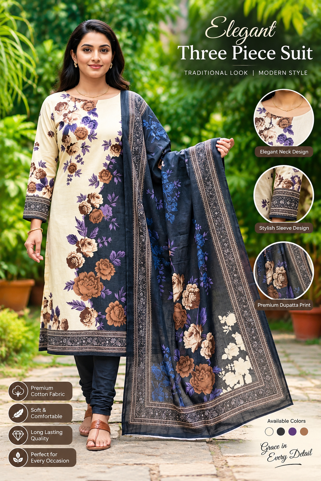 Premium Floral Printed Three Piece Suit