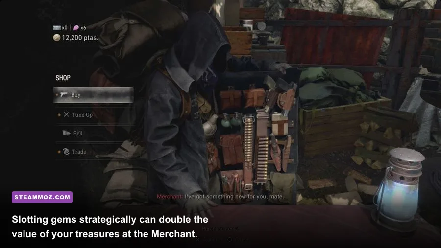 The Merchant's gem inlay screen showing color bonus multipliers in Resident Evil 4 Remake