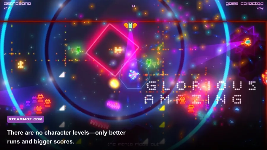 Death Ray Manta player chasing a high score in a colorful arcade arena