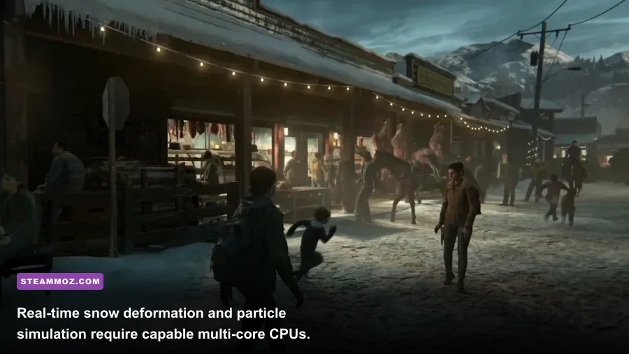 Jackson settlement with dynamic snow deformation in The Last of Us Part 2