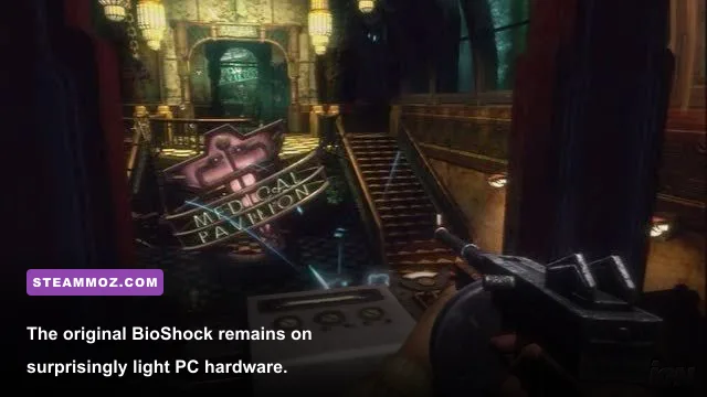 BioShock gameplay in Medical Pavilion with a plasmid and wrench