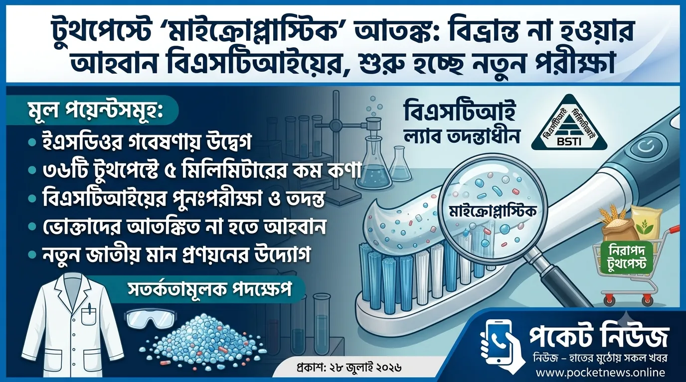 টুথপেস্টে ‘মাইক্রোপ্লাস্টিক’ আতঙ্ক: বিভ্রান্ত না হওয়ার আহ্বান বিএসটিআইয়ের, শুরু হচ্ছে নতুন পরীক্ষা টুথপেস্টে ‘মাইক্রোপ্লাস্টিক’ আতঙ্ক: বিভ্রান্ত না হওয়ার আহ্বান বিএসটিআইয়ের, শুরু হচ্ছে নতুন পরীক্ষা