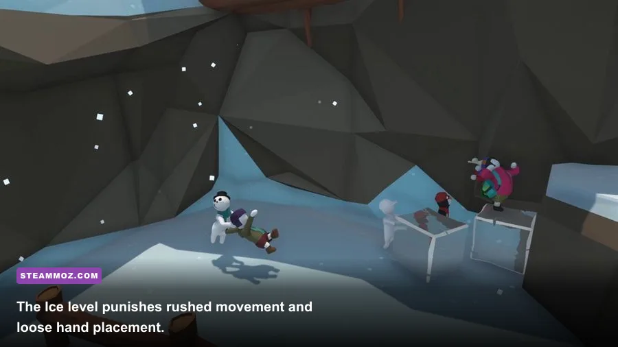 Human Fall Flat VR Ice level with slippery platforms and icy gaps