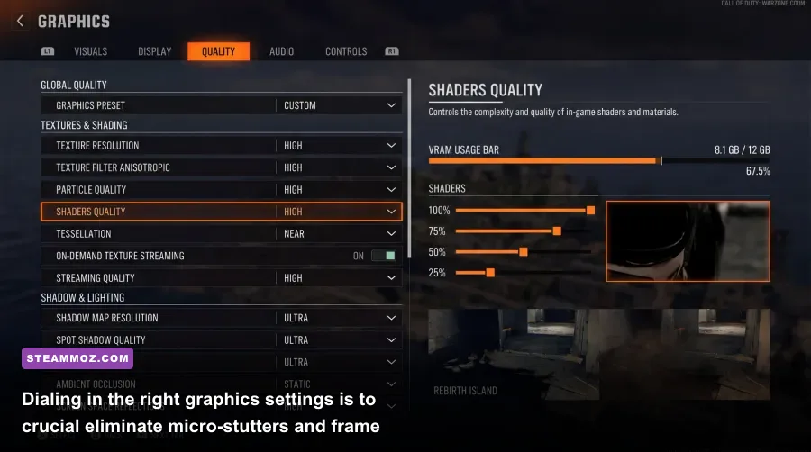 Warzone PC graphics optimization menu showing render resolution and frame rate settings
