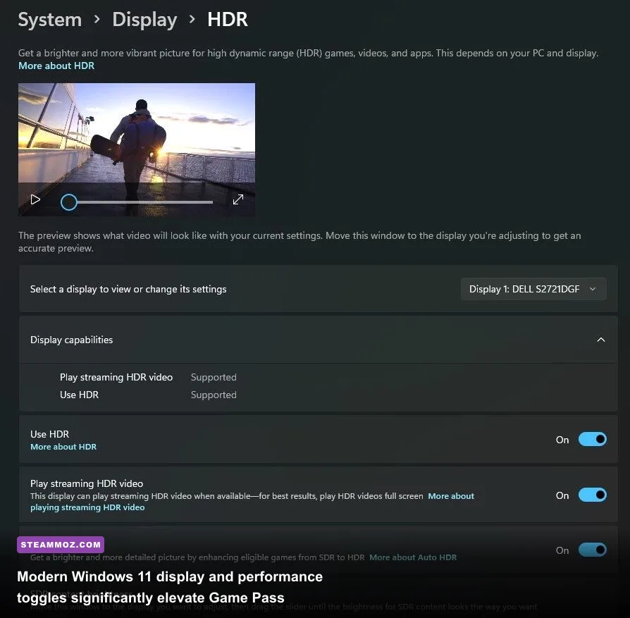 Windows 11 graphics settings panel highlighting Auto HDR and Game Mode toggles