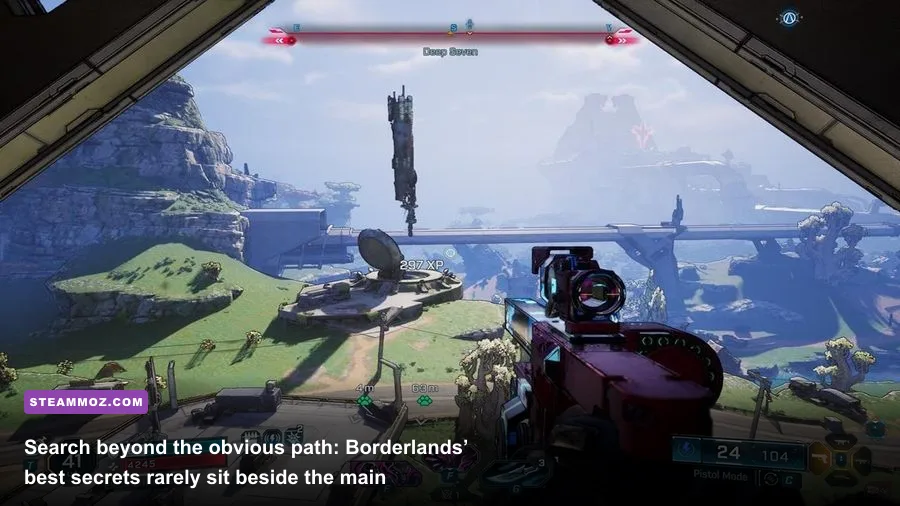 Borderlands 4 gameplay showing a hidden exploration area and loot chest