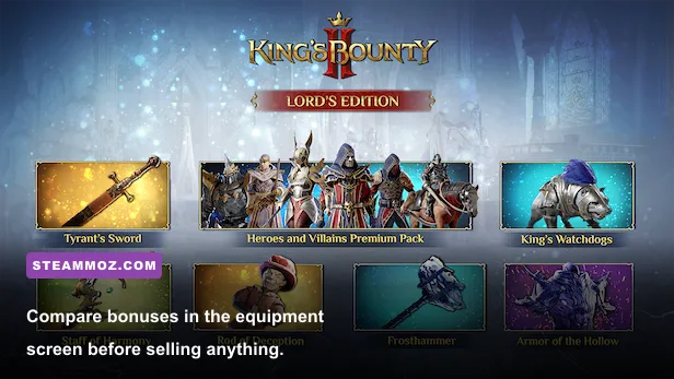 King's Bounty II equipment inventory showing weapons armor and accessories