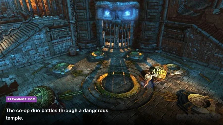 Lara Croft and Totec fighting through a temple in Guardian of Light PC gameplay