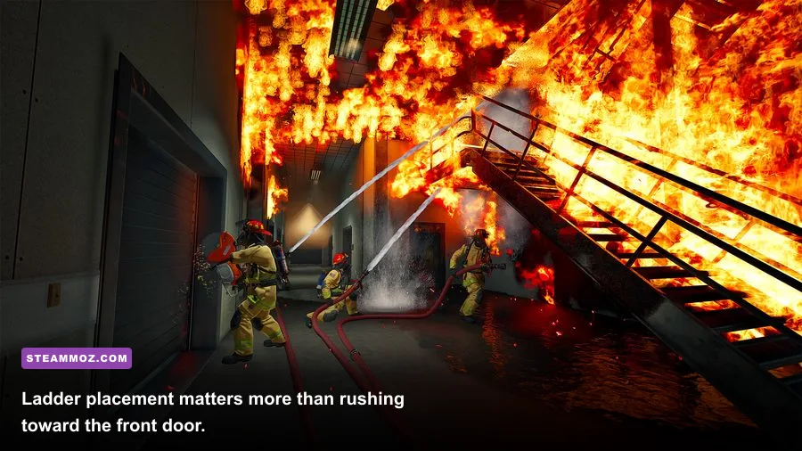 Firefighting Simulator Ignite ladder truck positioned beside a burning apartment