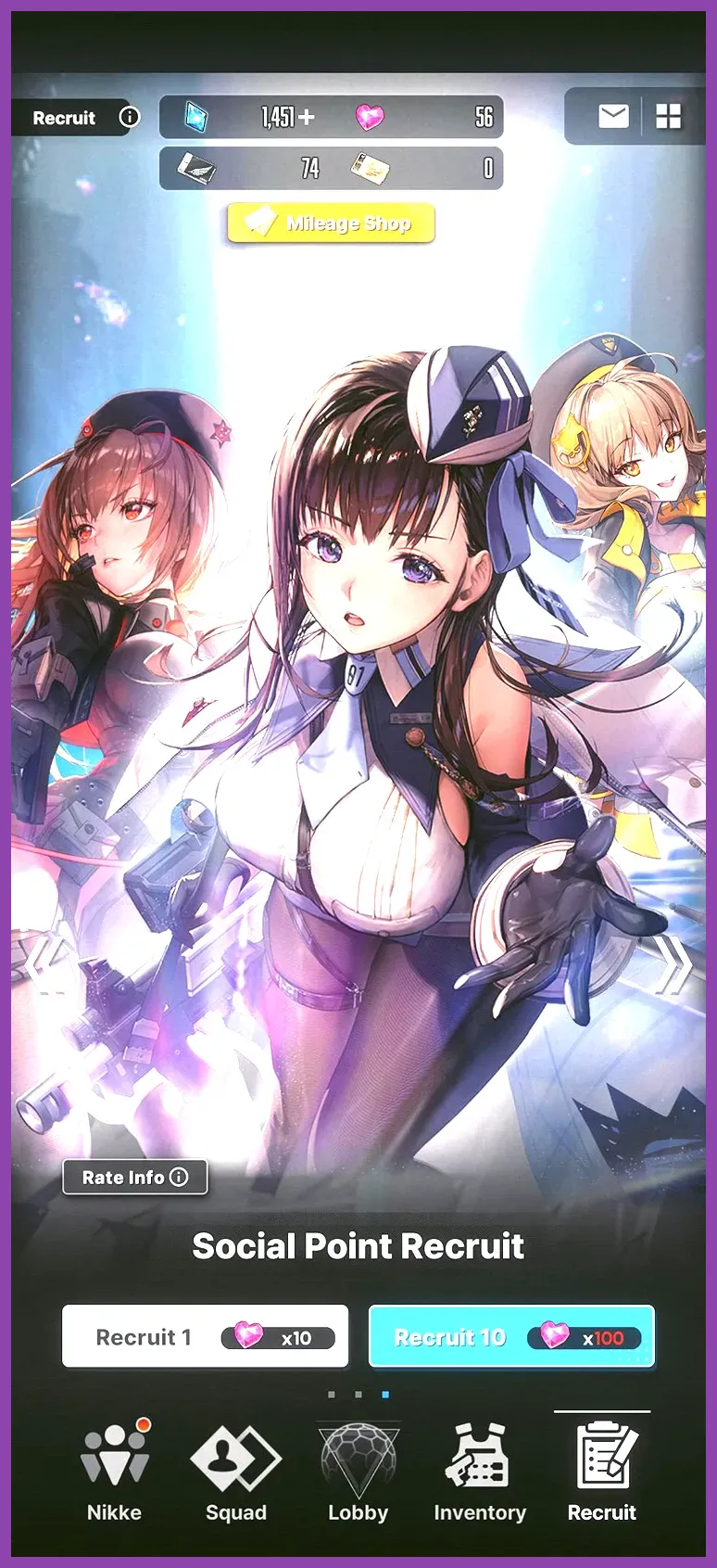 Goddess of Victory Nikke Recruit menu showing Ordinary Recruit and character banners