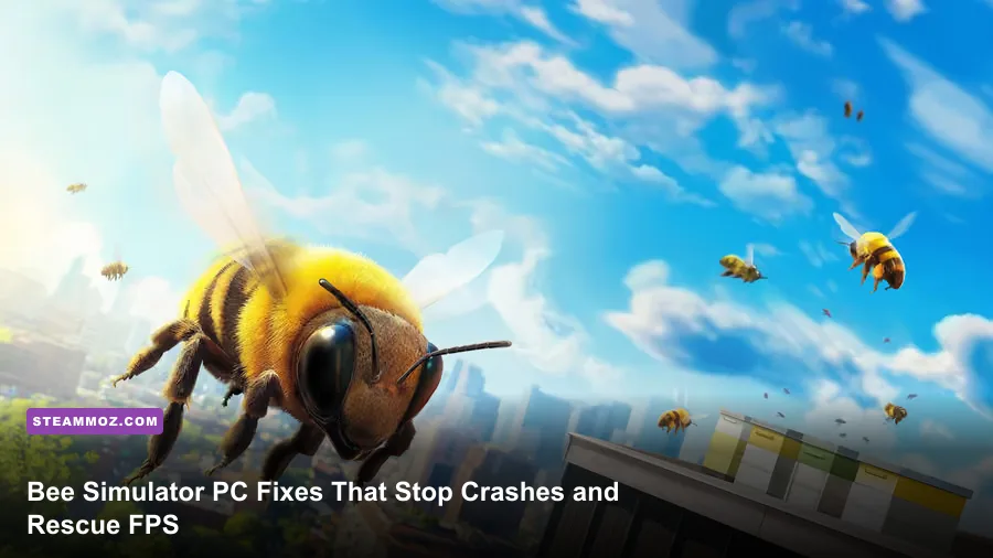 Bee Simulator PC gameplay showing a bee flying near the hive and city park