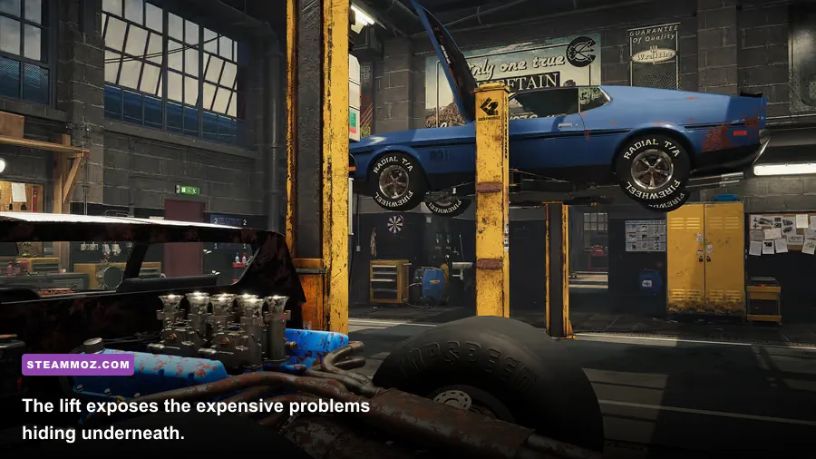 Car Mechanic Simulator 2015 vehicle raised on a lift during suspension repair