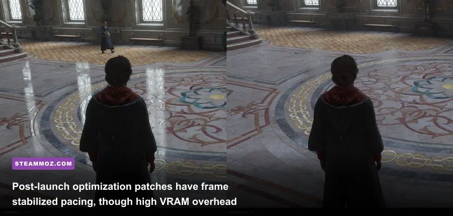 High-end PC graphics render of Hogwarts Legacy showing detailed stone textures and ray-traced reflections