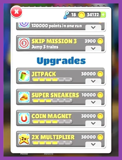 Subway Surfers power-ups including Jetpack, Super Sneakers, Coin Magnet, and 2x Multiplier