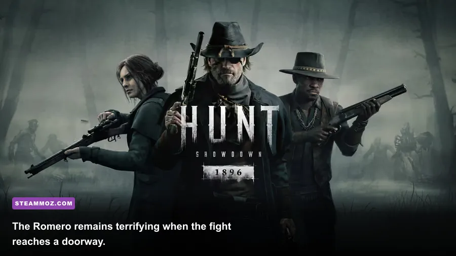 Hunt Showdown 1896 hunter holding a Romero 77 inside a dark compound