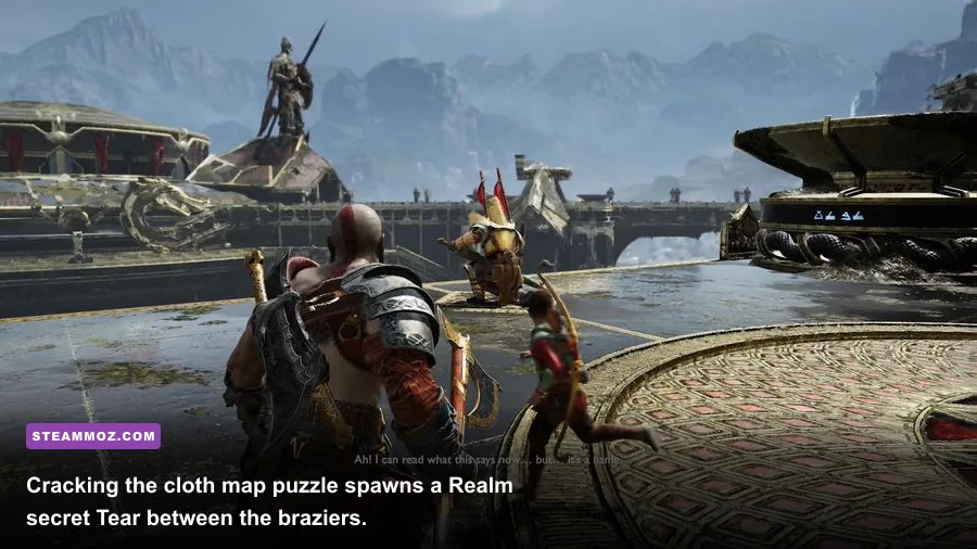 Looking between the two braziers atop the Muspelheim Realm Tower in God of War