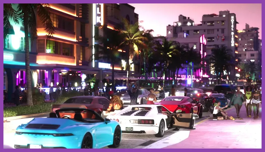Official GTA 6 gameplay trailer scene showing Vice City and Leonida
