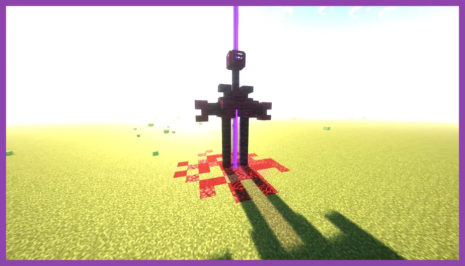 Diamond sword, netherite sword, enchanting table, and beacon crafted in Minecraft
