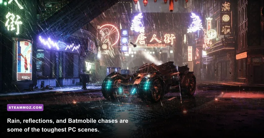 Batman driving the Batmobile through rainy Gotham in Arkham Knight