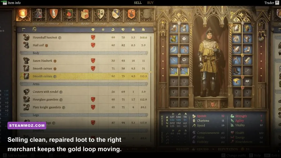 Henry selling looted armor to a Rattay merchant in Kingdom Come Deliverance