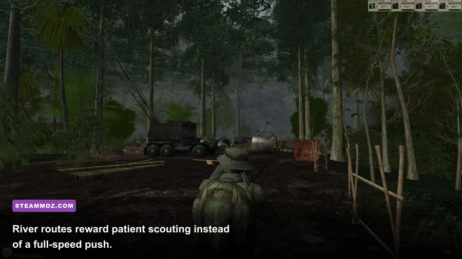 Elite Warriors Vietnam river crossing surrounded by jungle and enemy positions